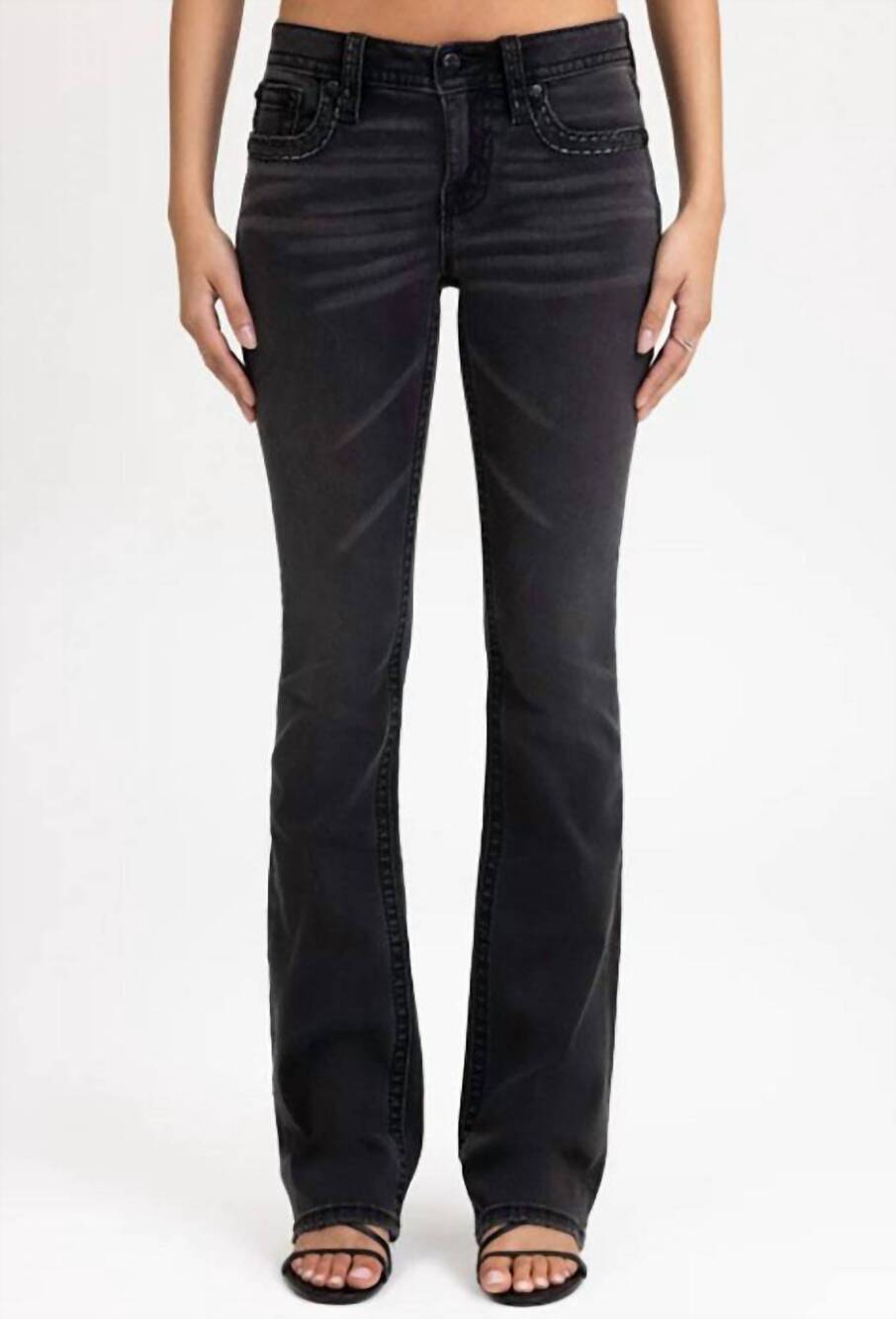 NEW MISS ME women's rice stitch mid-rise boot cut jeans in washed black